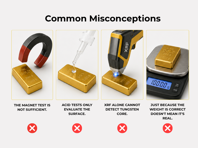 4 häufige Irrtümer bei gefälschtem Gold: Magnettest, Säuretest, XRF allein und Gewicht reichen nicht