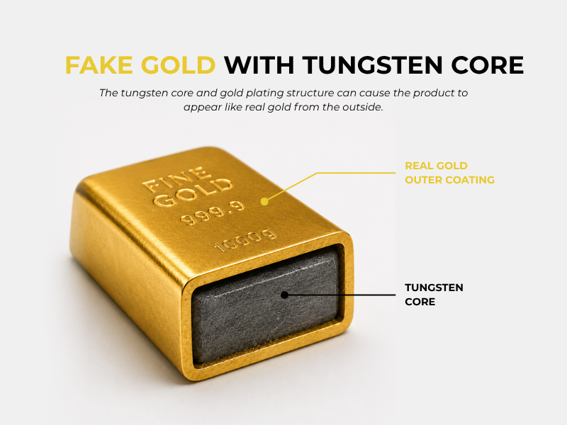 Gefälschter Goldbarren mit Wolframkern — echte Goldbeschichtung außen, Wolfram innen