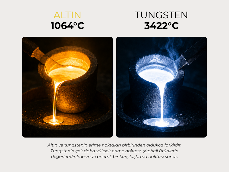 Altın (1.064°C) ve tungsten (3.422°C) erime sıcaklıkları karşılaştırması — neden birbirine karıştırılamaz