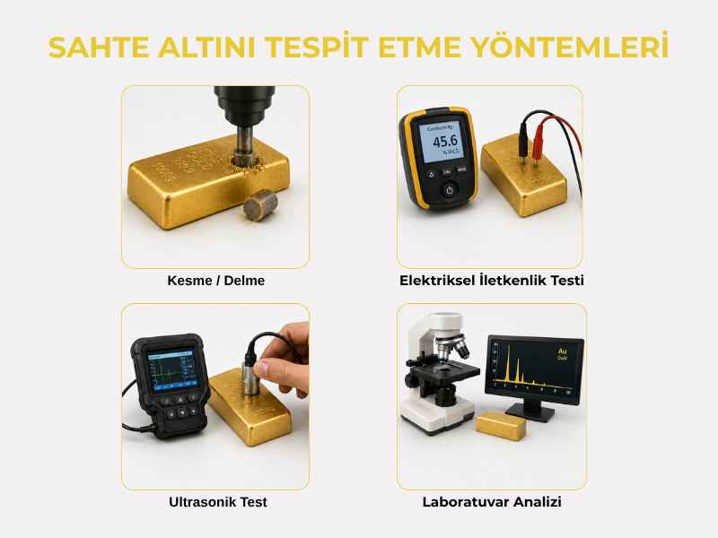 Sahte altını tespit yöntemleri: kesme/delme, elektriksel iletkenlik testi, ultrasonik test ve laboratuvar analizi