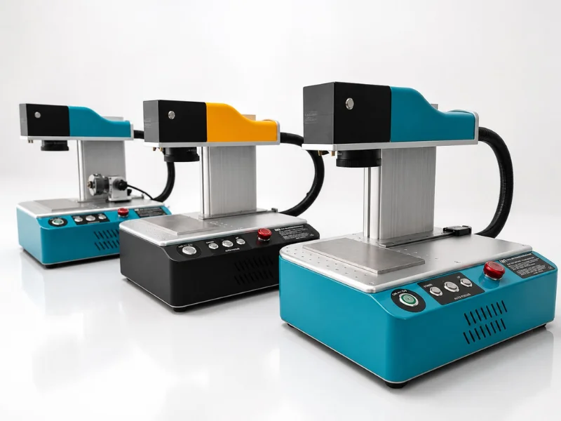 Tri njësi të makinës së markimit NRT Mini Fiber Laser 20 W krah për krah – dizajn kompakt dhe i transportueshëm për banakun e një dyqani bizhuterish