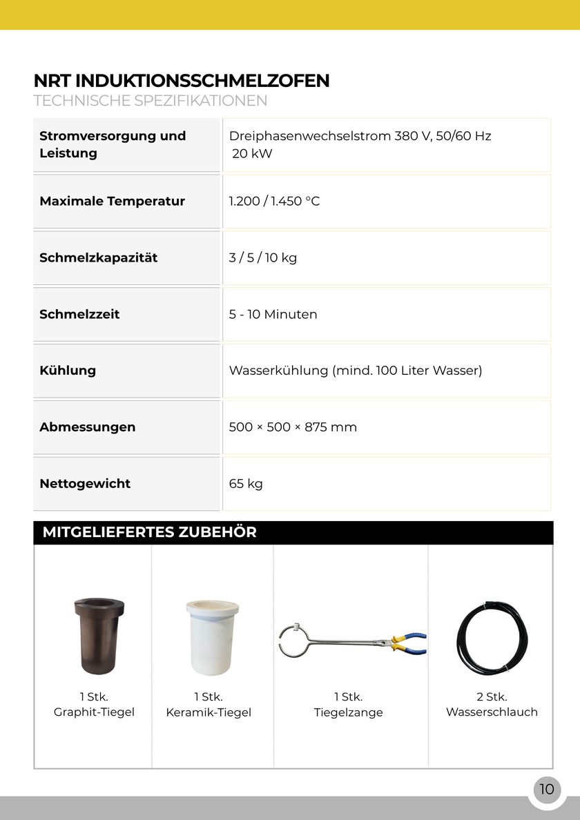 NRT Technic Großer Induktionsschmelzofen – Tabelle der technischen Daten, Katalogseite 10