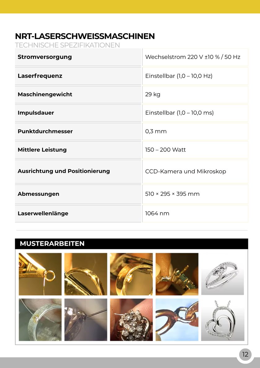 NRT Technic Laserschweißmaschine – Tabelle der technischen Daten, Katalogseite 12