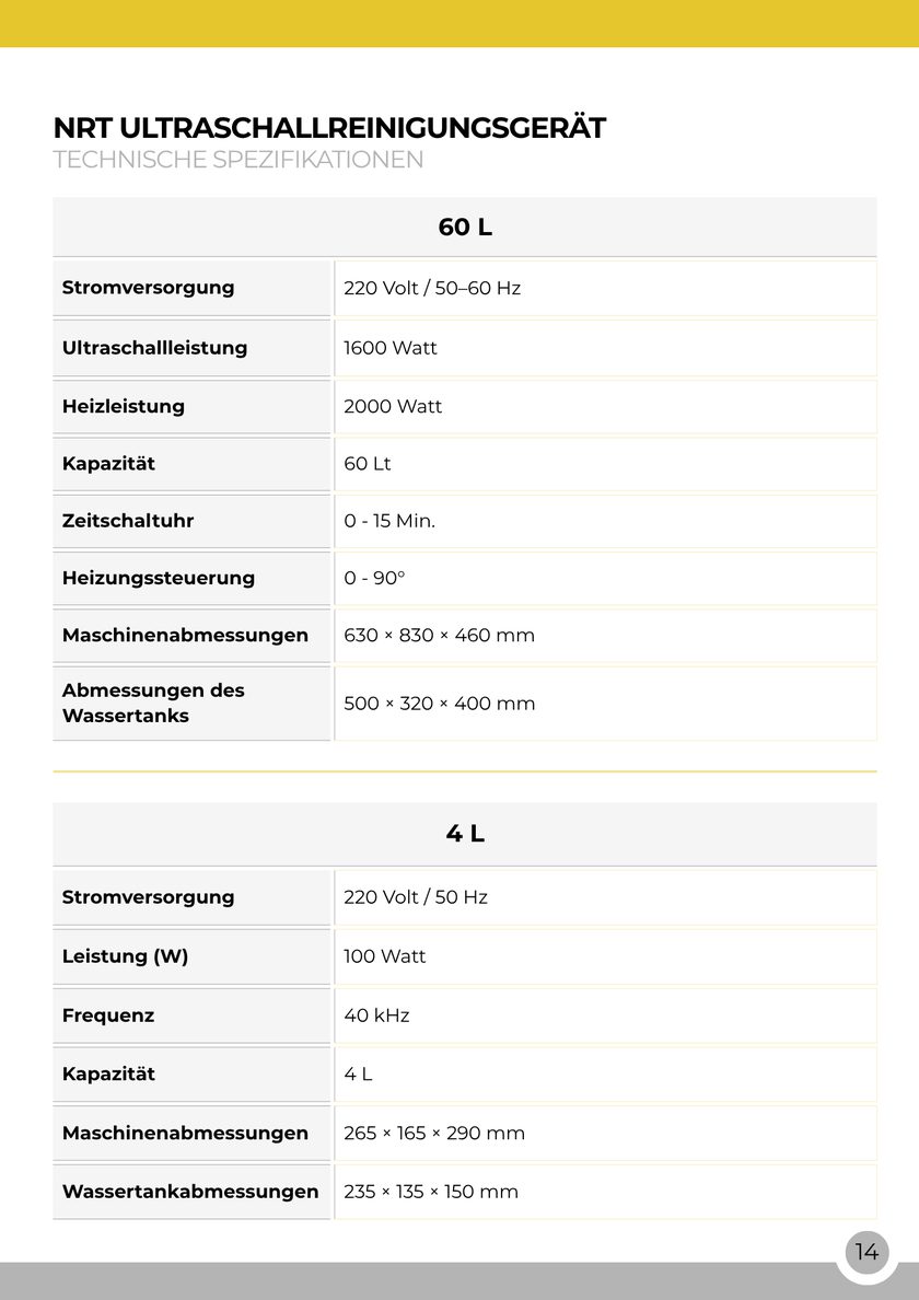 NRT Technic Ultraschallreinigungsmaschinen – Tabelle der technischen Daten, Katalogseite 14