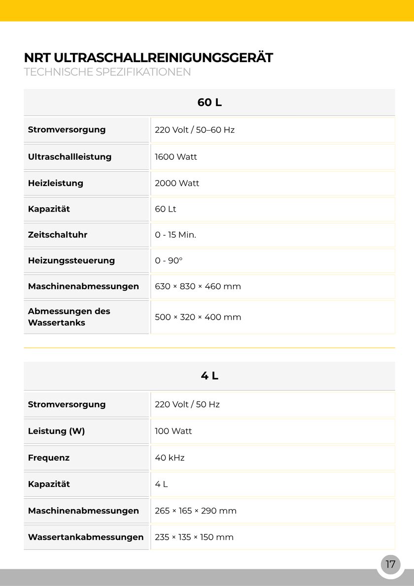 NRT Technic Ultraschallreinigungsmaschinen – Tabelle der technischen Daten, Katalogseite 17