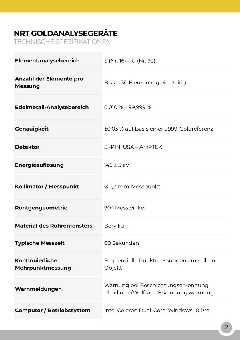 NRT Technic Gold-Analysegerät – Tabelle der technischen Daten, Katalogseite 2