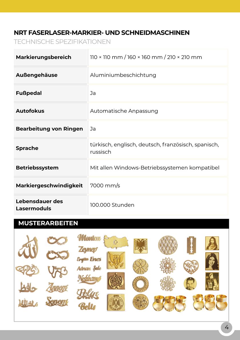 NRT Technic Faserlaser-Markierungs- und Schneidemaschine – Tabelle der technischen Daten, Katalogseite 4