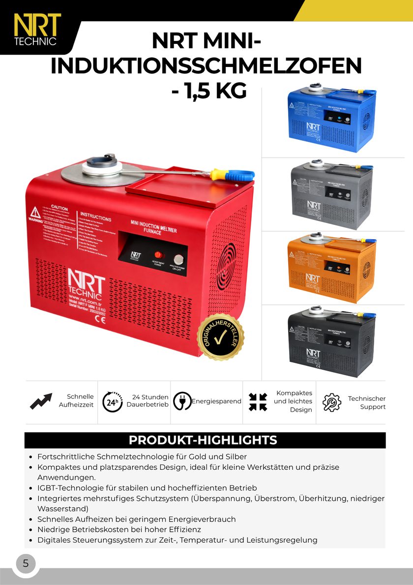 NRT Technic Mini-Induktionsschmelzofen – 1,5 kg – Produktübersicht und wichtigste Merkmale, Katalogseite 5