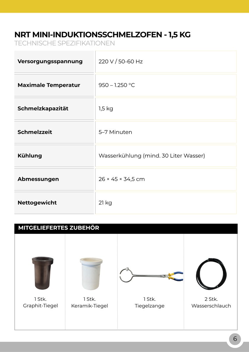 NRT Technic Mini-Induktionsschmelzofen – 1,5 kg – Tabelle der technischen Daten, Katalogseite 6