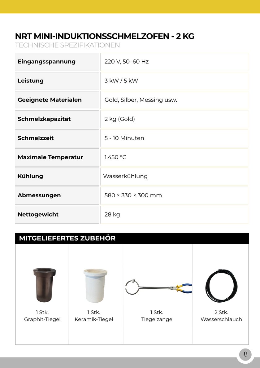 NRT Technic Mini-Induktionsschmelzofen – 2 kg – Tabelle der technischen Daten, Katalogseite 8