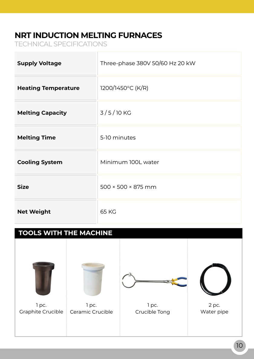 NRT Technic Large Induction Melting Furnace – technical specifications table, catalog page 10