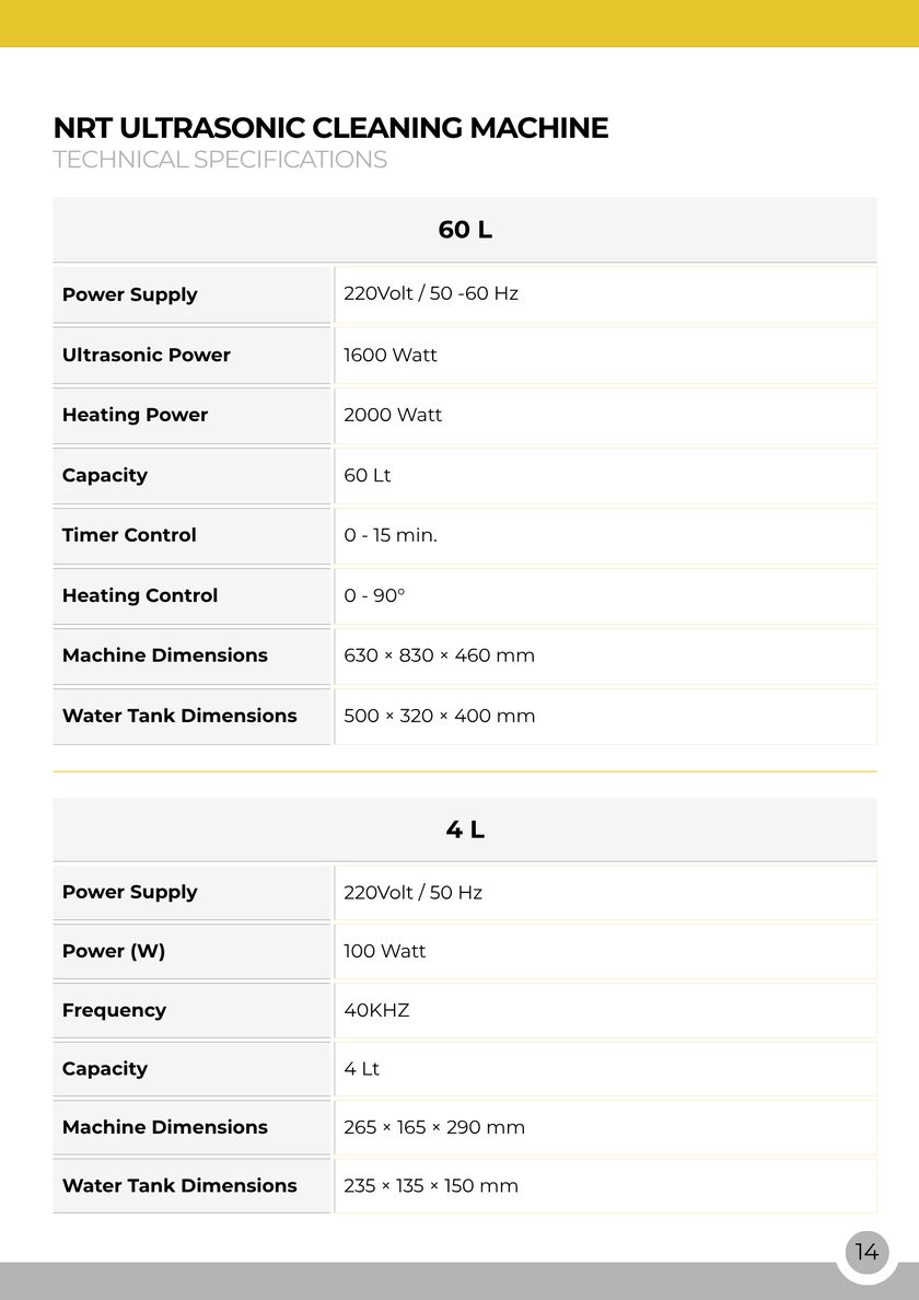 NRT Technic Ultrasonic Cleaning Machines – technical specifications table, catalog page 14
