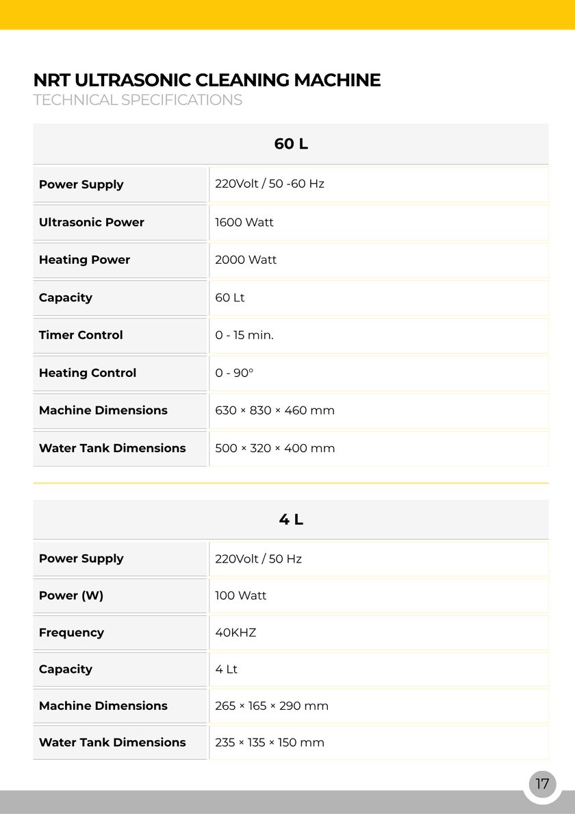 NRT Technic Ultrasonic Cleaning Machines – technical specifications table, catalog page 17