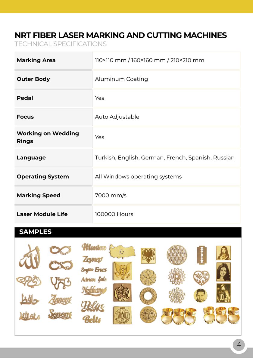 NRT Technic Fiber Laser Marking and Cutting Machine – technical specifications table, catalog page 4