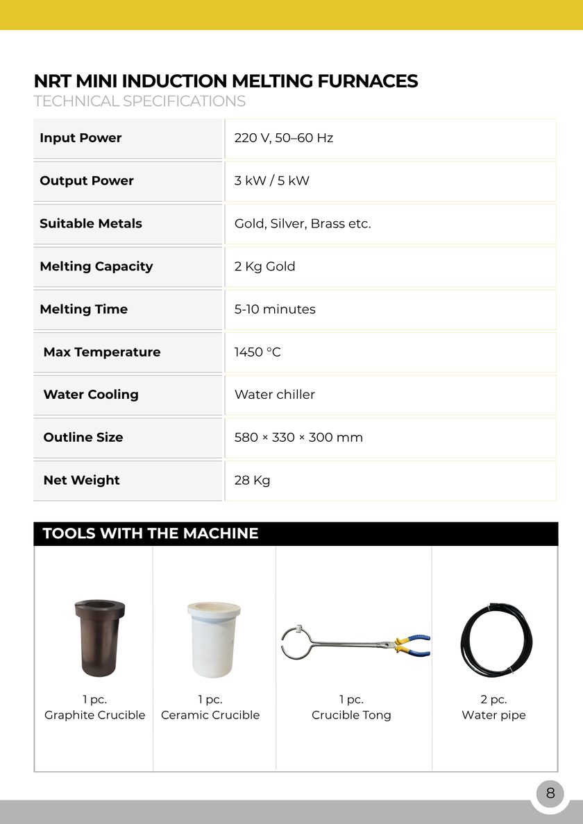 NRT Technic Mini Induction Melting Furnace – 2 Kg – technical specifications table, catalog page 8