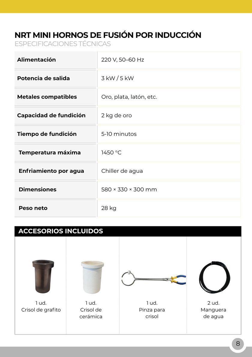 NRT Technic Mini horno de fundición por inducción – 2 kg – tabla de especificaciones técnicas, página 10 del catálogo