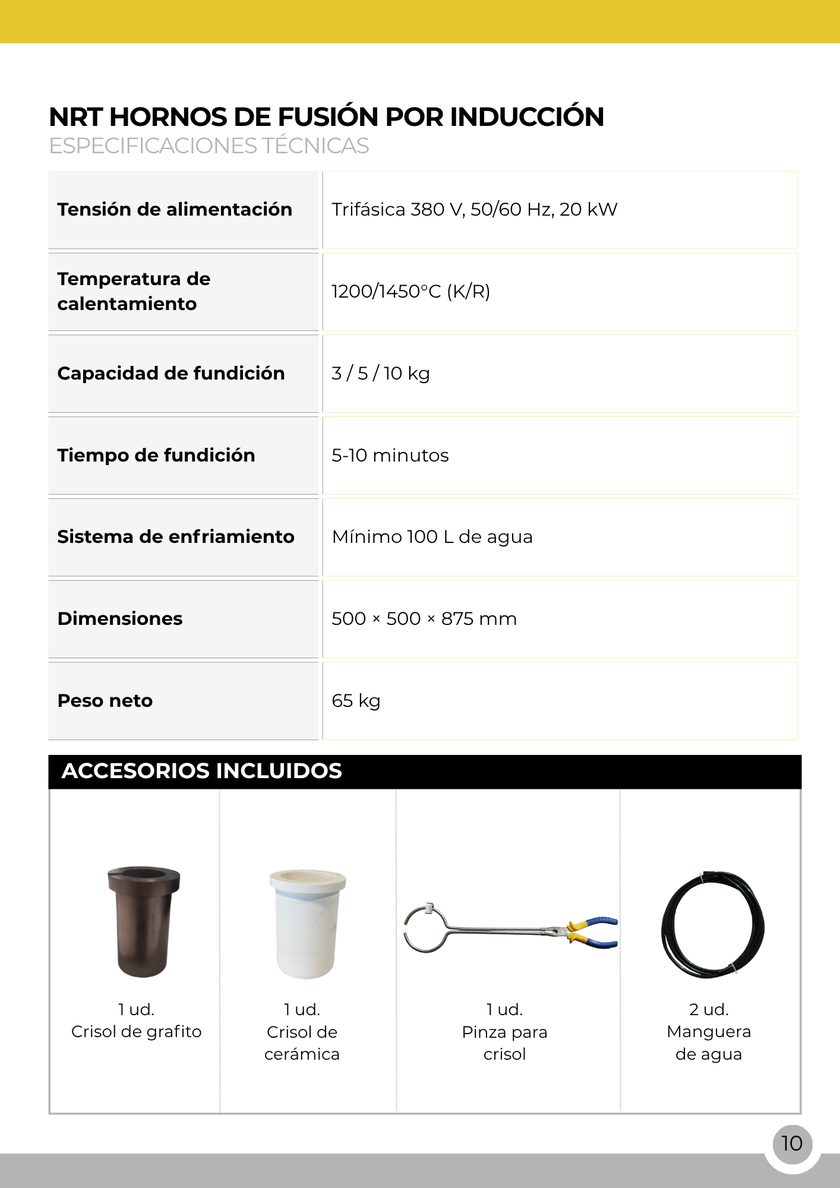 NRT Technic Horno de fundición por inducción grande – tabla de especificaciones técnicas, página 12 del catálogo