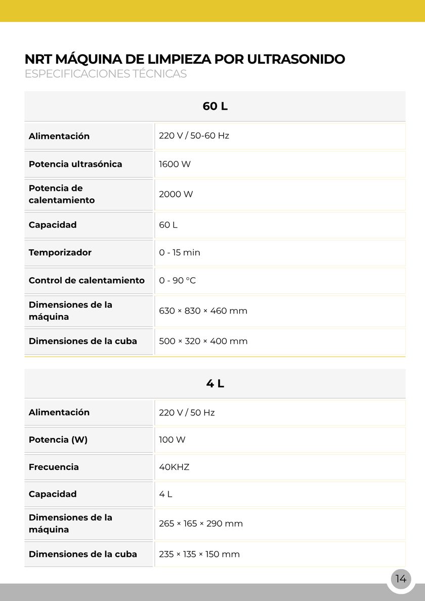 NRT Technic Limpiadores ultrasónicos – tabla de especificaciones técnicas, página 16 del catálogo
