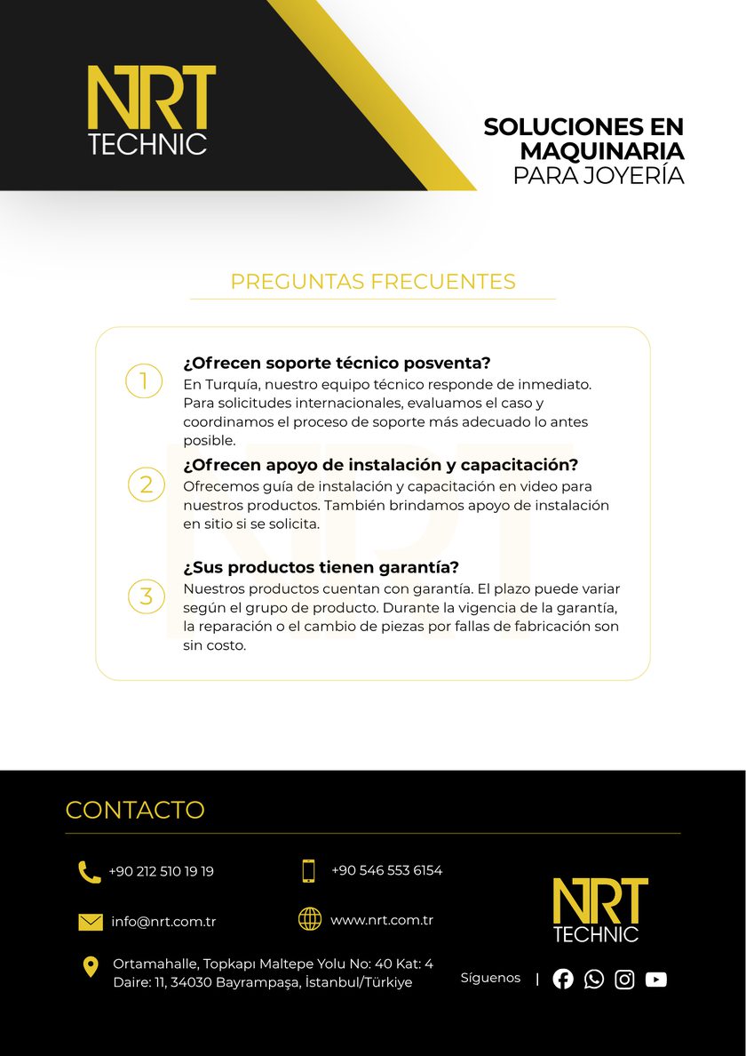 NRT Technic – preguntas frecuentes y datos de contacto – contraportada del catálogo