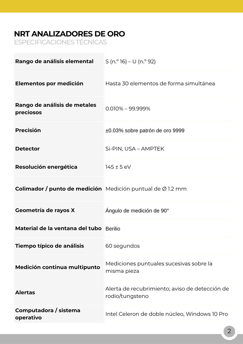 NRT Technic Analizador de oro – tabla de especificaciones técnicas, página 2 del catálogo
