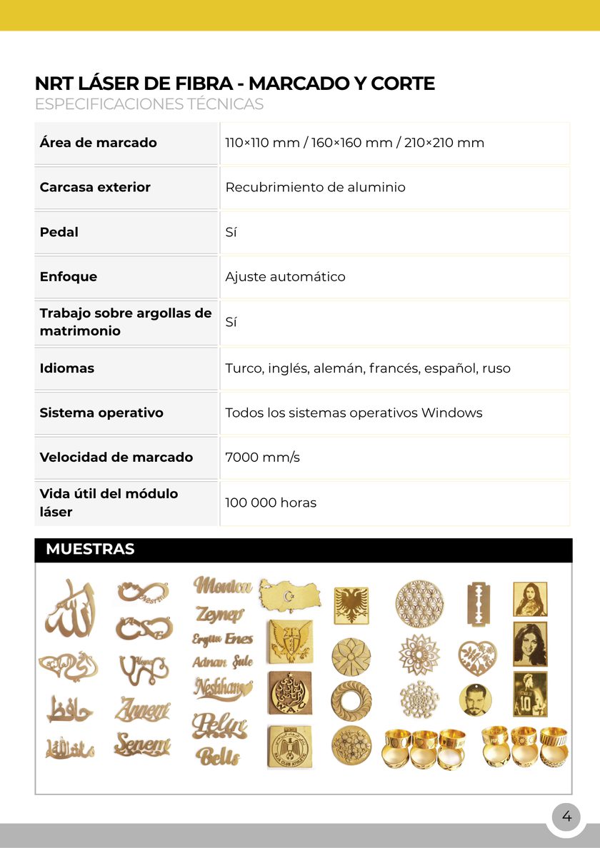 NRT Technic Máquina de marcado y corte láser fibra – tabla de especificaciones técnicas, página 4 del catálogo