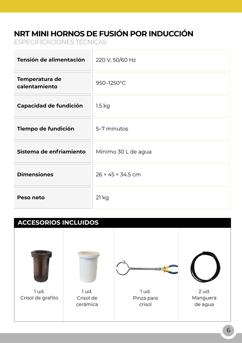 NRT Technic Mini horno de fundición por inducción – 1,5 kg – tabla de especificaciones técnicas, página 8 del catálogo