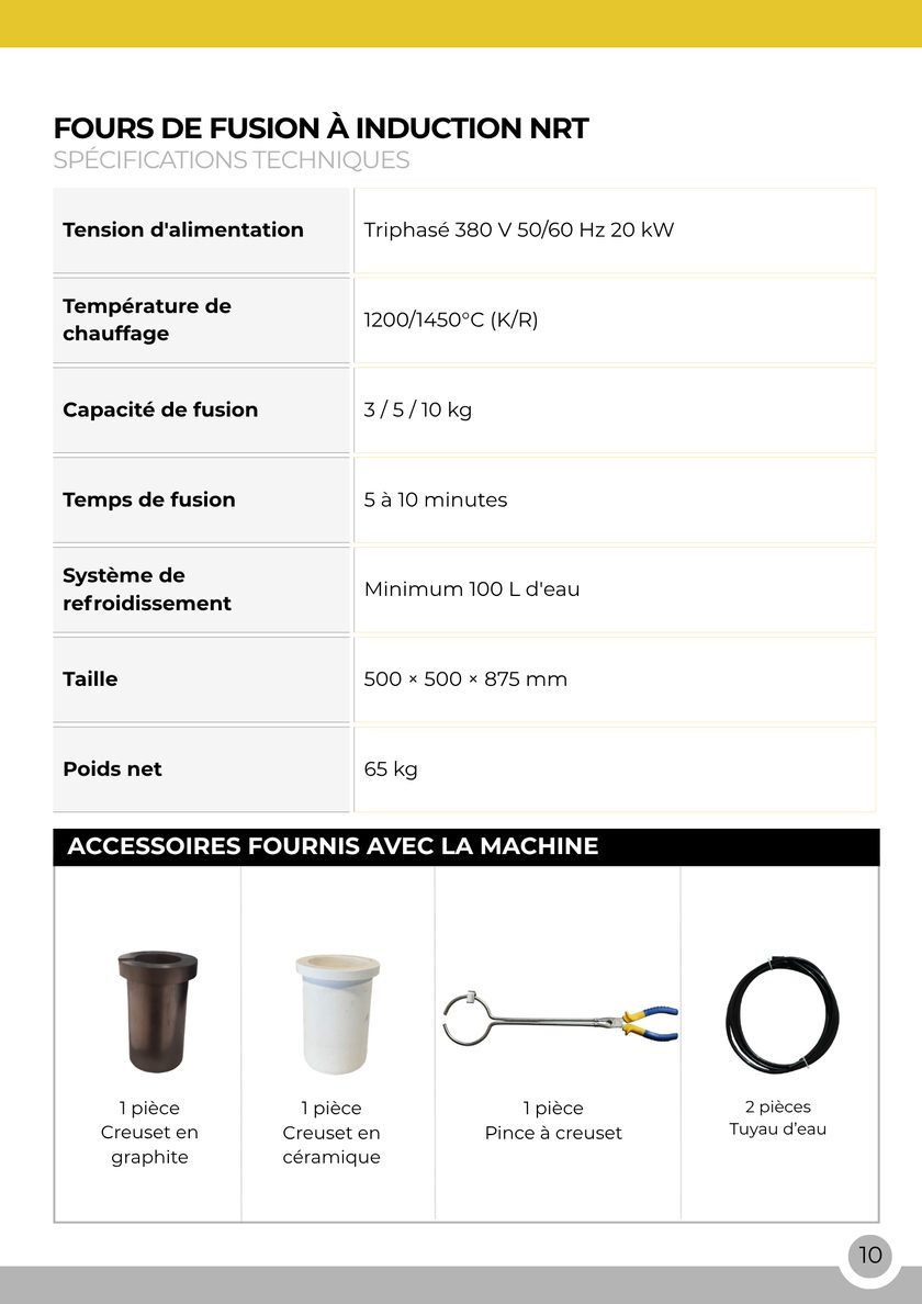 NRT Technic Grand four de fusion à induction – tableau des caractéristiques techniques, page 10 du catalogue