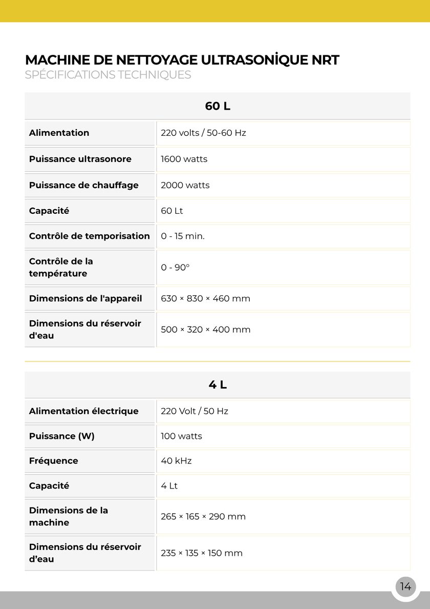NRT Technic Nettoyeurs à ultrasons – tableau des caractéristiques techniques, page 14 du catalogue