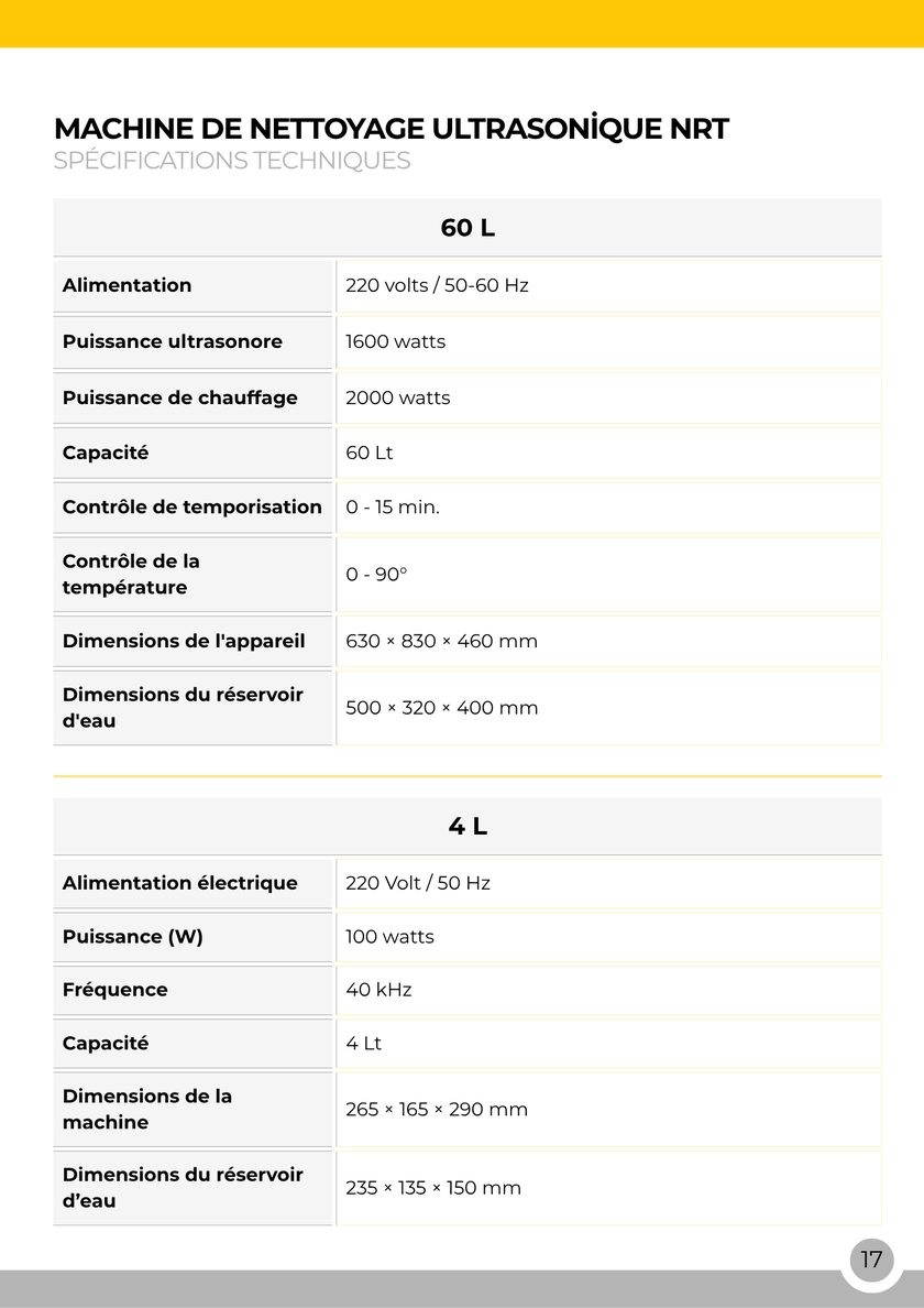 NRT Technic Nettoyeurs à ultrasons – tableau des caractéristiques techniques, page 17 du catalogue