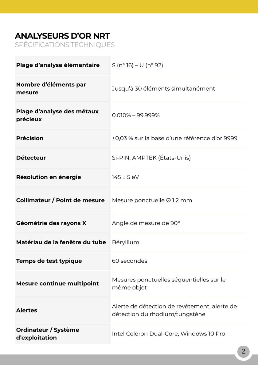 NRT Technic Analyseur d'or – tableau des caractéristiques techniques, page 2 du catalogue
