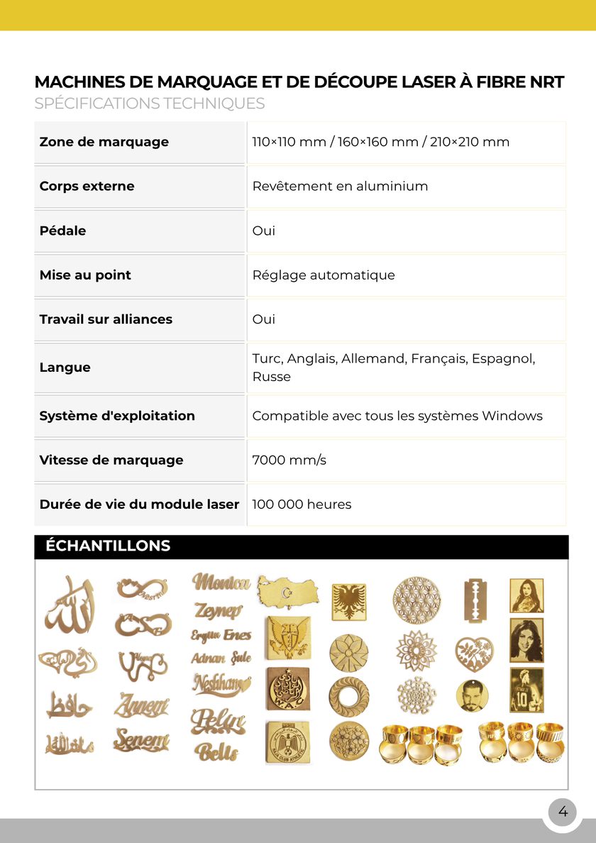 NRT Technic Machine de marquage et découpe laser fibre – tableau des caractéristiques techniques, page 4 du catalogue