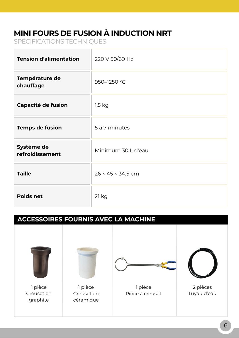 NRT Technic Mini four de fusion à induction – 1,5 kg – tableau des caractéristiques techniques, page 6 du catalogue