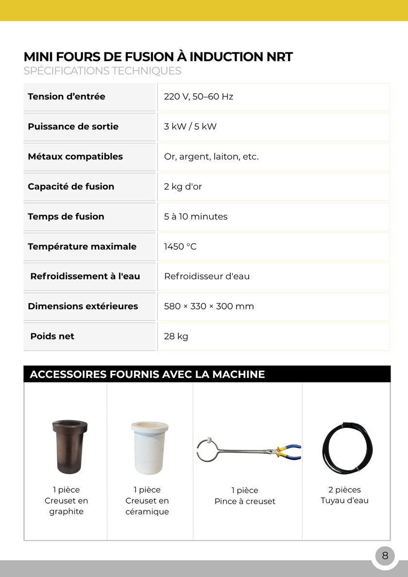 NRT Technic Mini four de fusion à induction – 2 kg – tableau des caractéristiques techniques, page 8 du catalogue