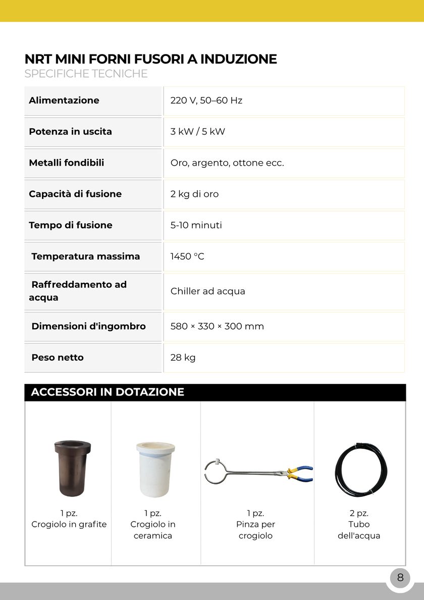 NRT Technic Mini Forno Fusorio ad Induzione – 2 kg – tabella delle specifiche tecniche, pagina 10 del catalogo