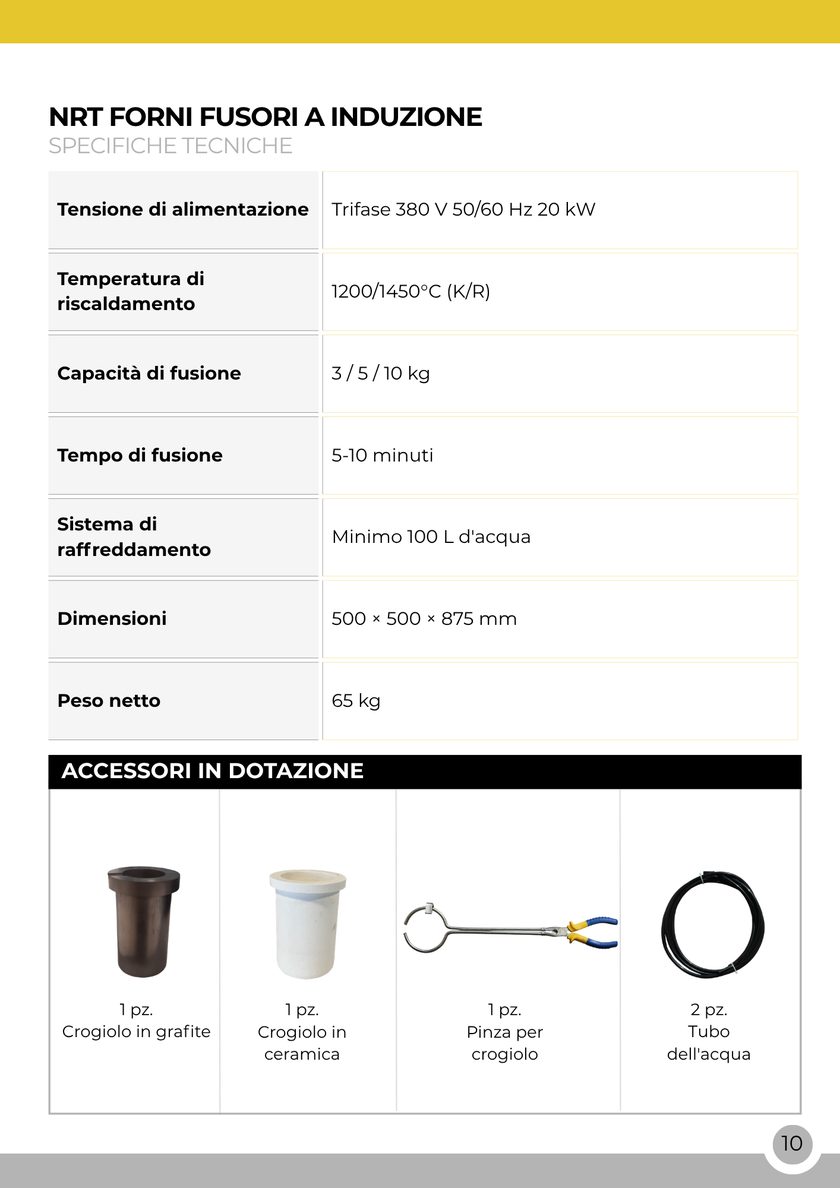 NRT Technic Forno Fusorio ad Induzione Grande – tabella delle specifiche tecniche, pagina 12 del catalogo