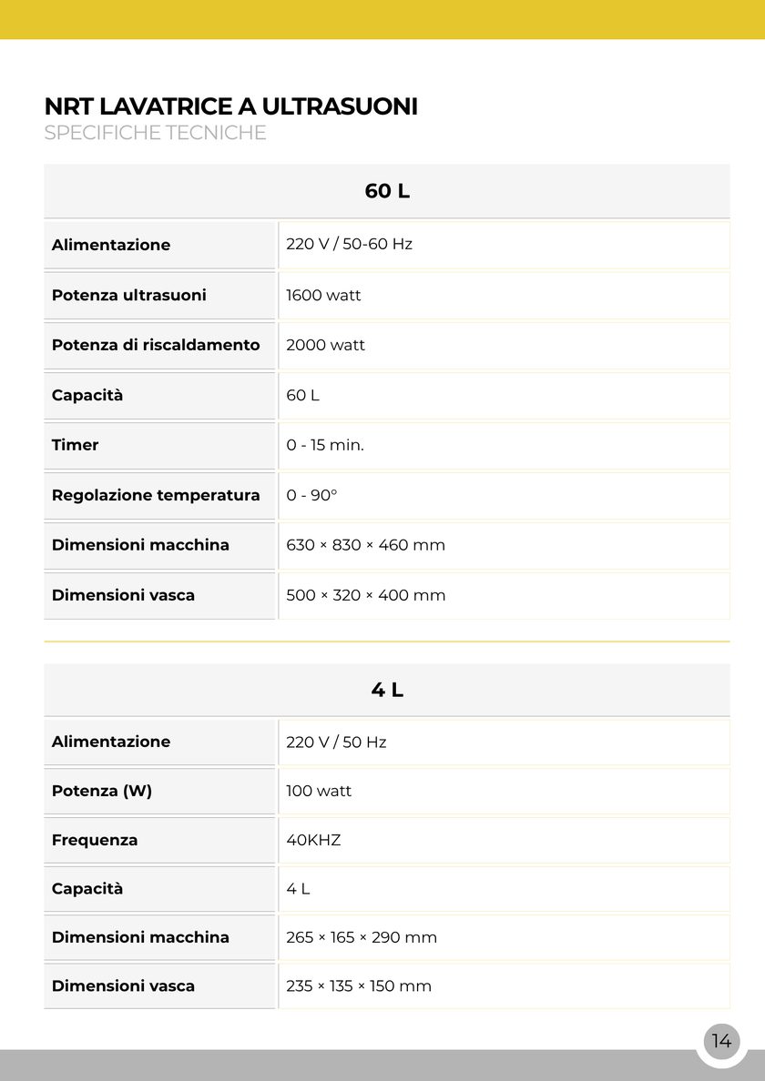 NRT Technic Lavatrici ad Ultrasuoni – tabella delle specifiche tecniche, pagina 16 del catalogo