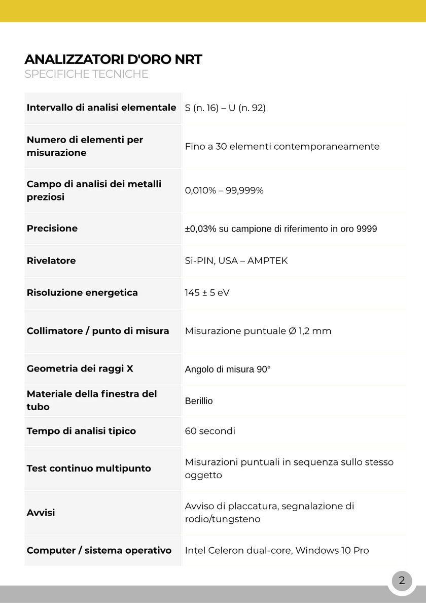 NRT Technic Analizzatore del Titolo dell'Oro – tabella delle specifiche tecniche, pagina 2 del catalogo