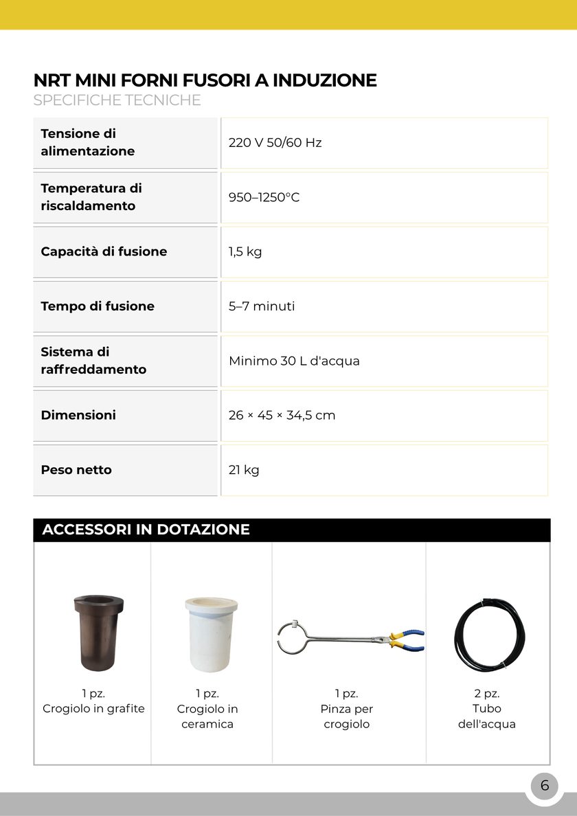 NRT Technic Mini Forno Fusorio ad Induzione – 1,5 kg – tabella delle specifiche tecniche, pagina 8 del catalogo