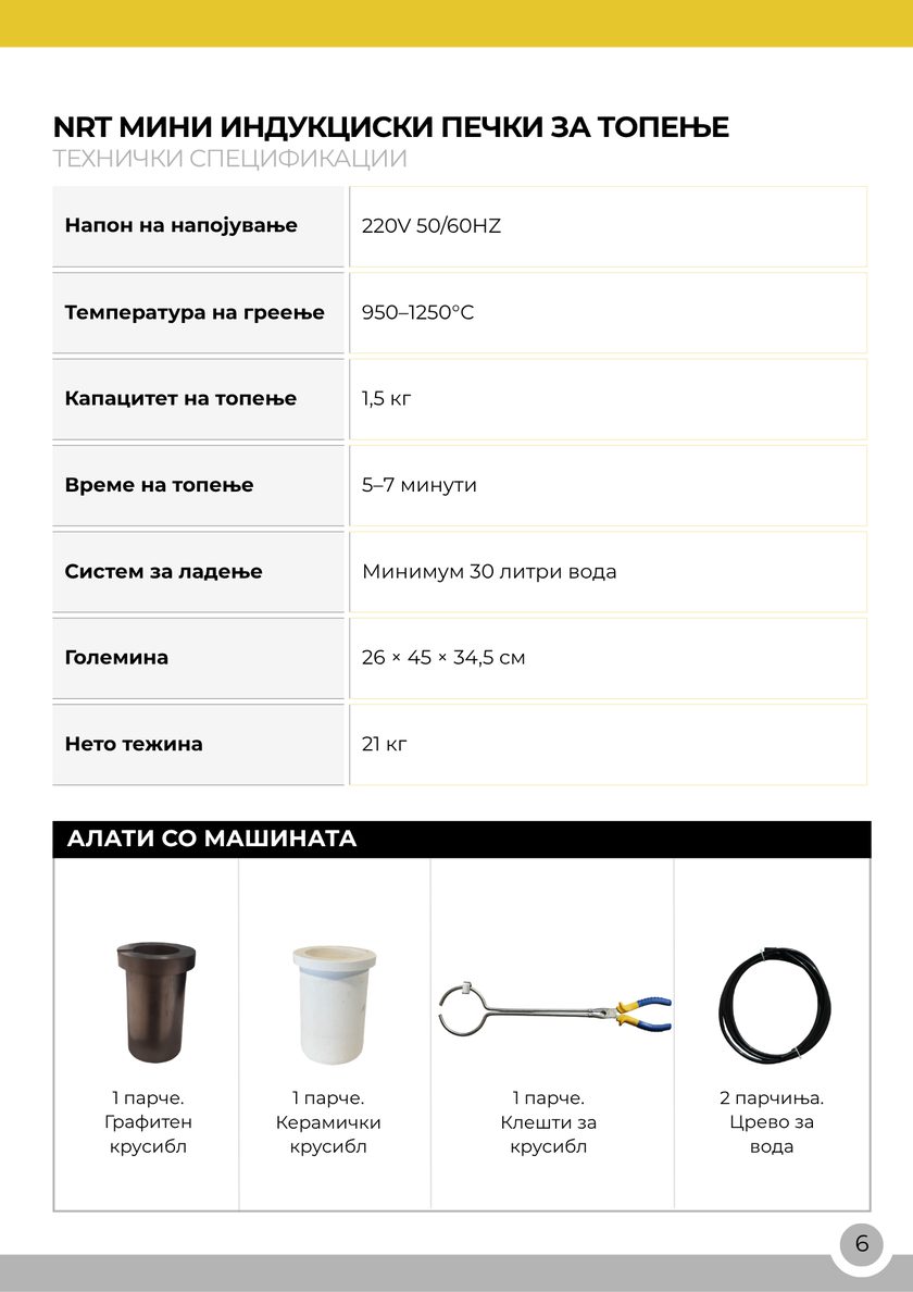 NRT Technic Мини печка за индукциско топење – 1,5 кг – табела со технички карактеристики, страница 6 од каталогот
