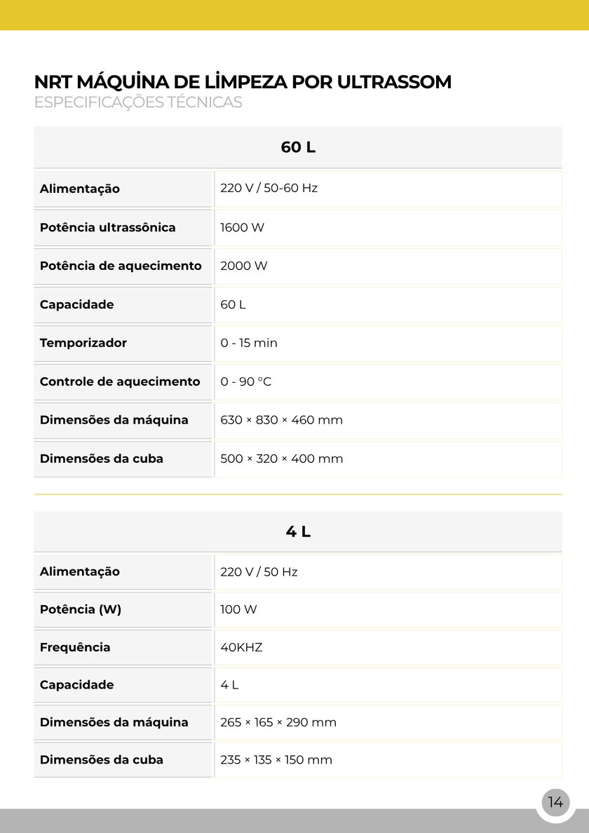 NRT Technic Cubas Ultrassônicas – tabela de especificações técnicas, página 16 do catálogo