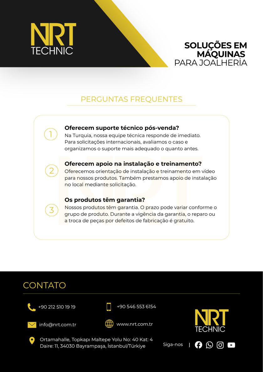 NRT Technic – perguntas frequentes e contato – contracapa do catálogo