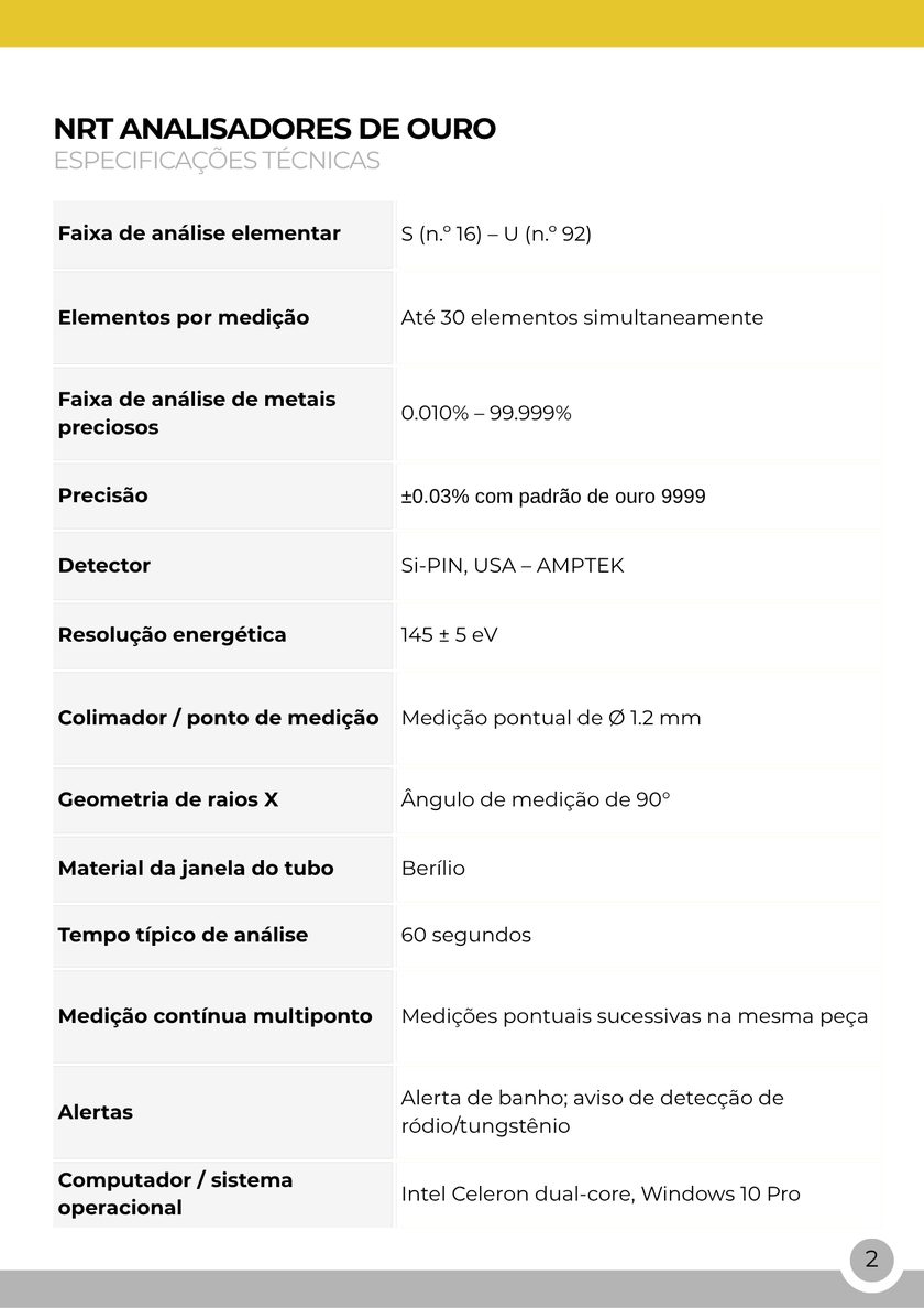 NRT Technic Analisador de Ouro – tabela de especificações técnicas, página 2 do catálogo
