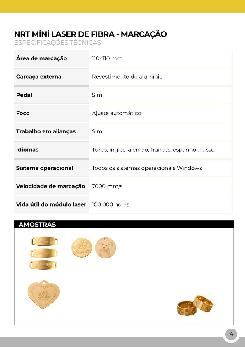 NRT Technic Mini Máquina de Gravação a Laser Fibra – tabela de especificações técnicas, página 6 do catálogo