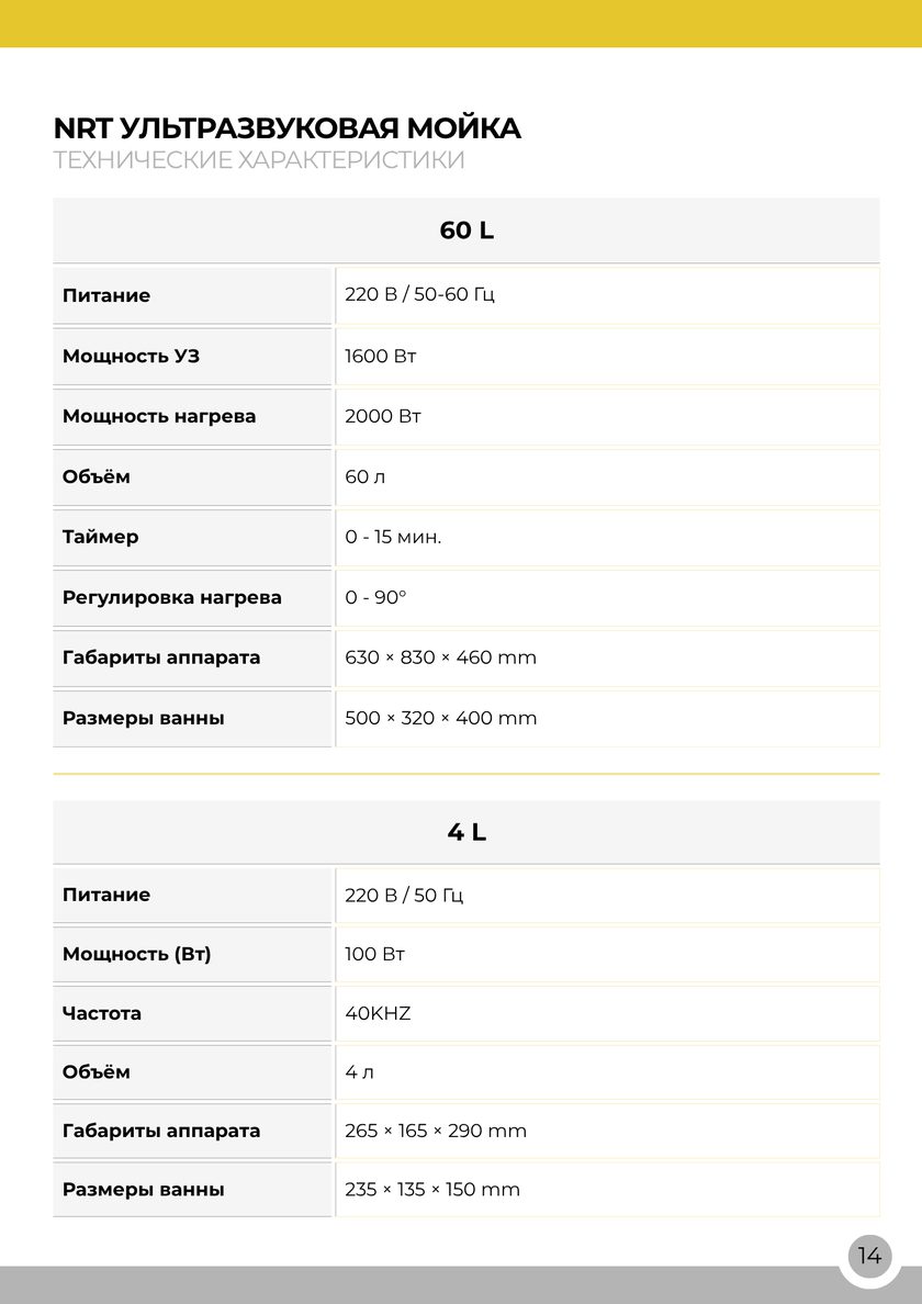 NRT Technic Ультразвуковые ванны – таблица технических характеристик, страница каталога 16