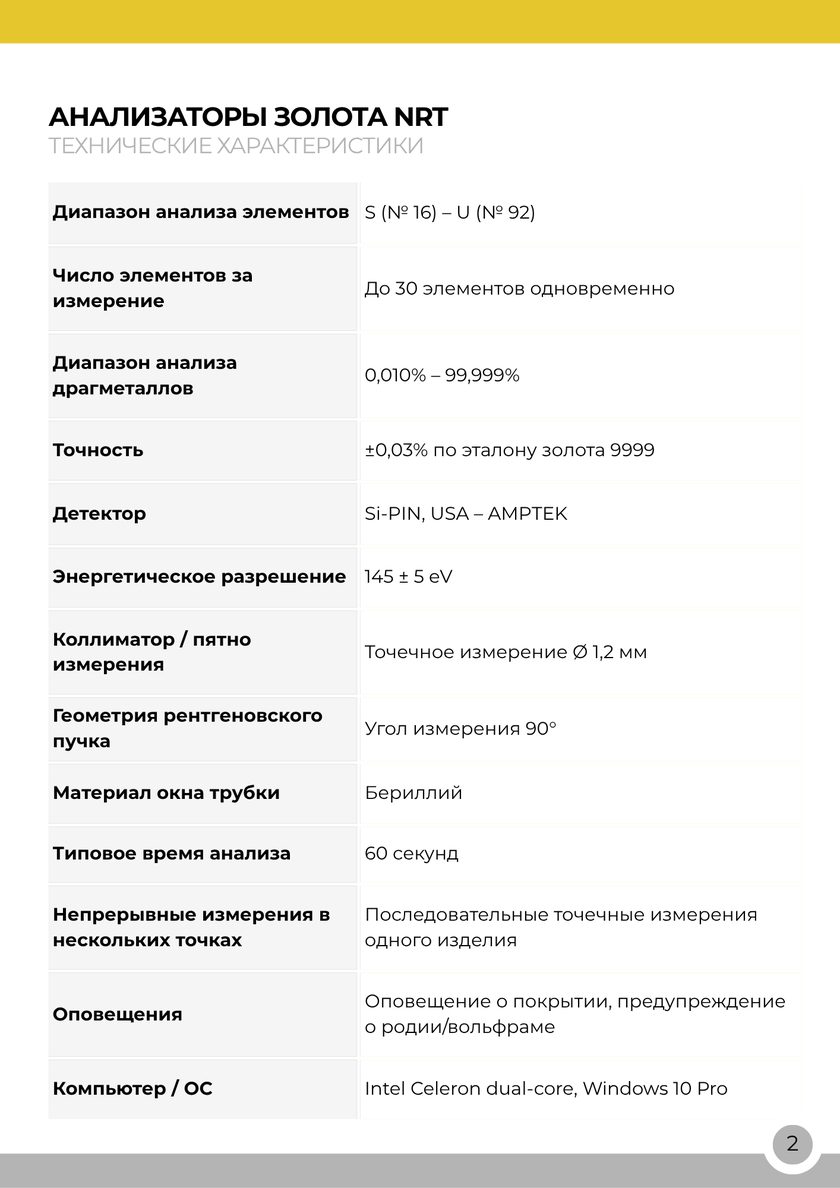 NRT Technic Анализатор золота – таблица технических характеристик, страница каталога 2