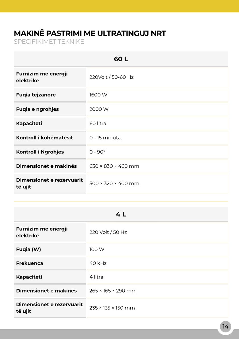 NRT Technic Makina për Pastrim Ultrasonik – tabela e specifikimeve teknike, faqja 14 e katalogut