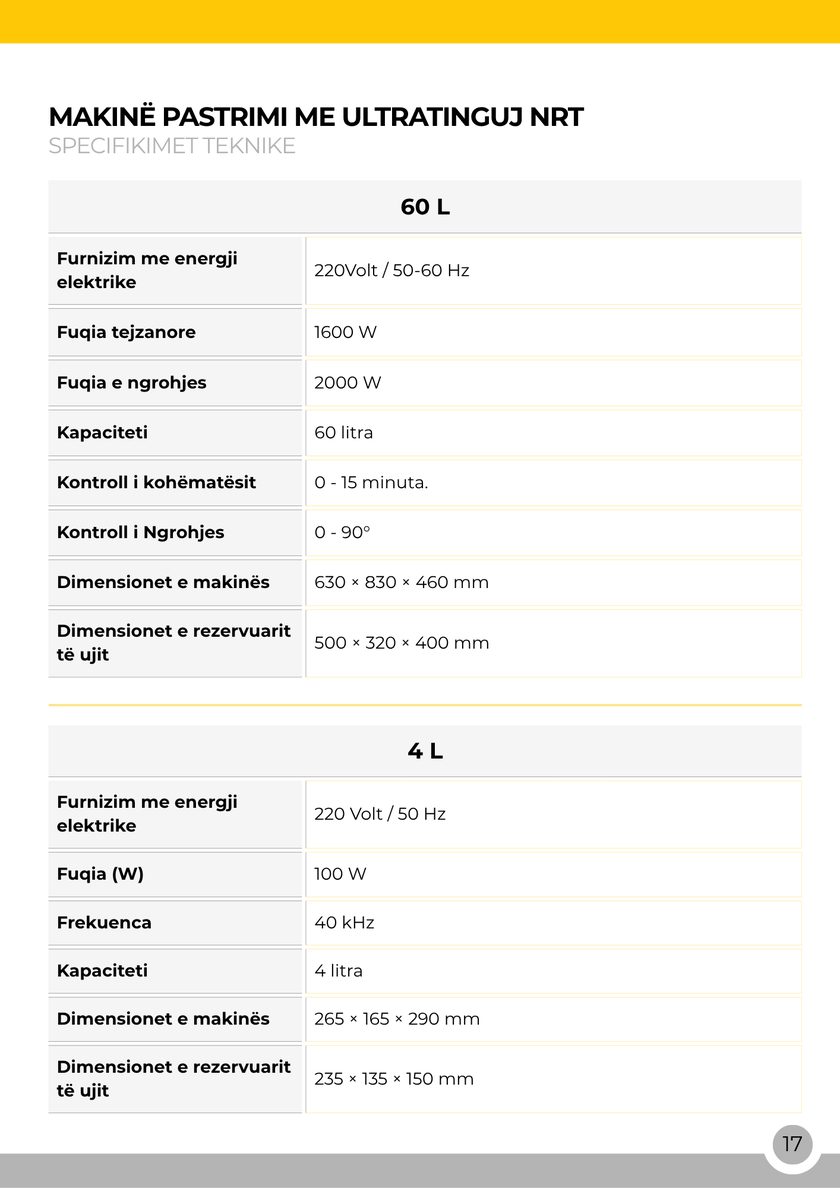 NRT Technic Makina për Pastrim Ultrasonik – tabela e specifikimeve teknike, faqja 17 e katalogut