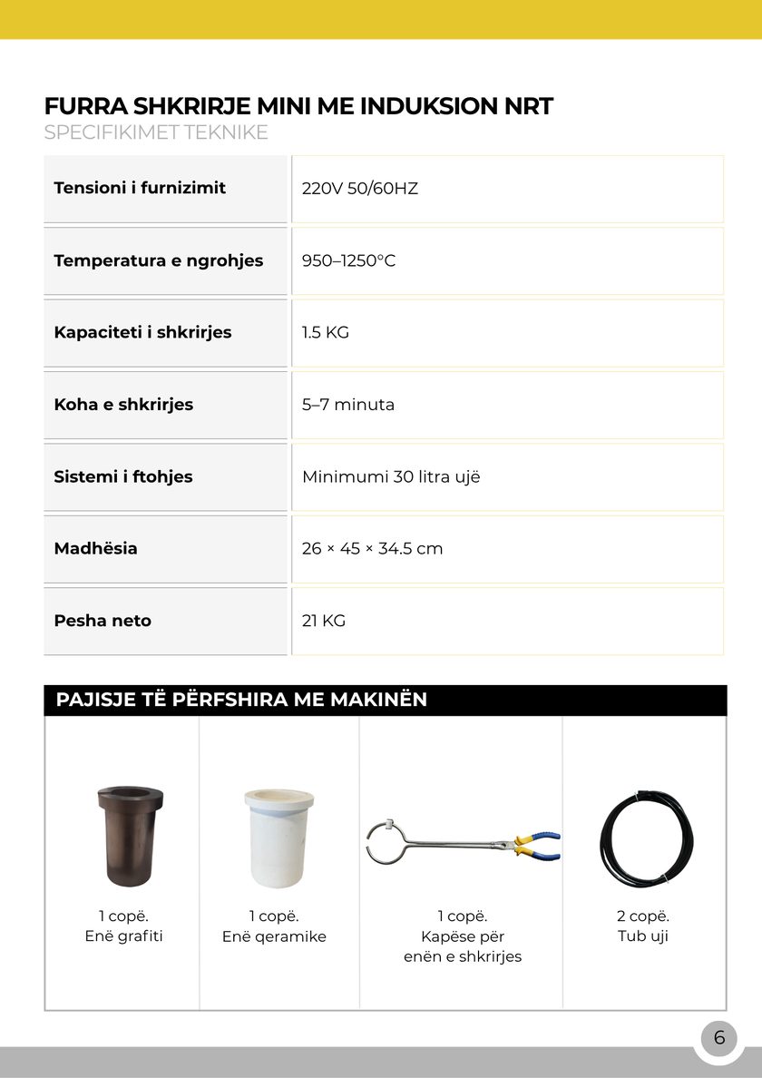 NRT Technic Furrë Mini Induktive për Shkrirje – 1.5 Kg – tabela e specifikimeve teknike, faqja 6 e katalogut