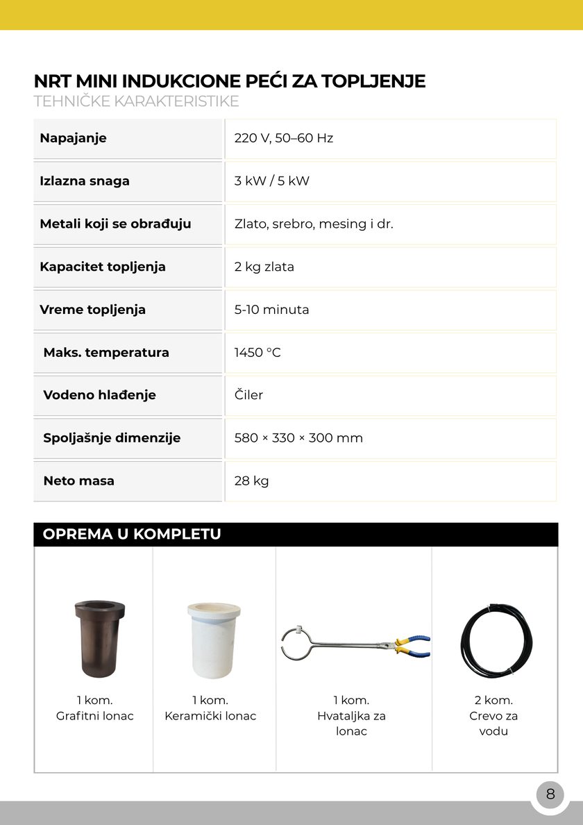 NRT Technic Mini indukciona peć za topljenje – 2 kg – tabela tehničkih karakteristika, strana kataloga 10
