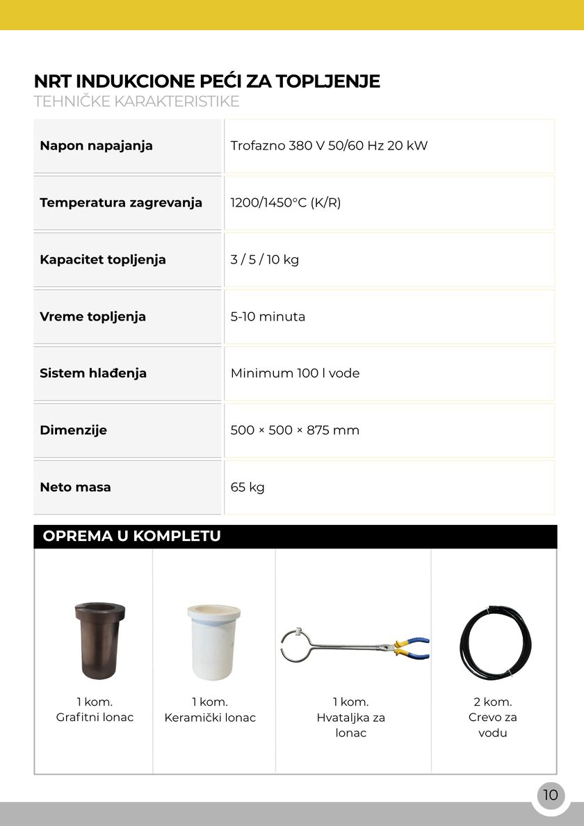 NRT Technic Velika indukciona peć za topljenje – tabela tehničkih karakteristika, strana kataloga 12